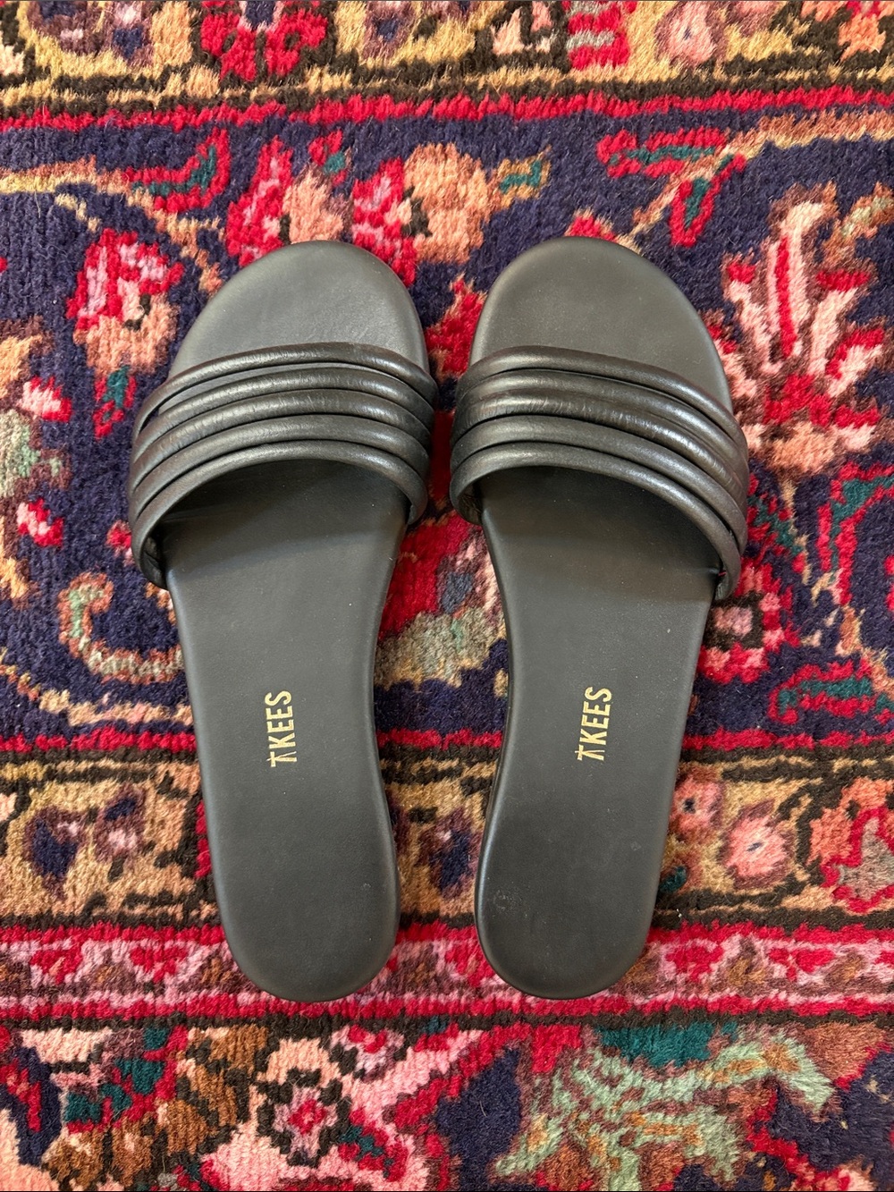 TKEES Black Ribbed Multi-strap Slide Sandals